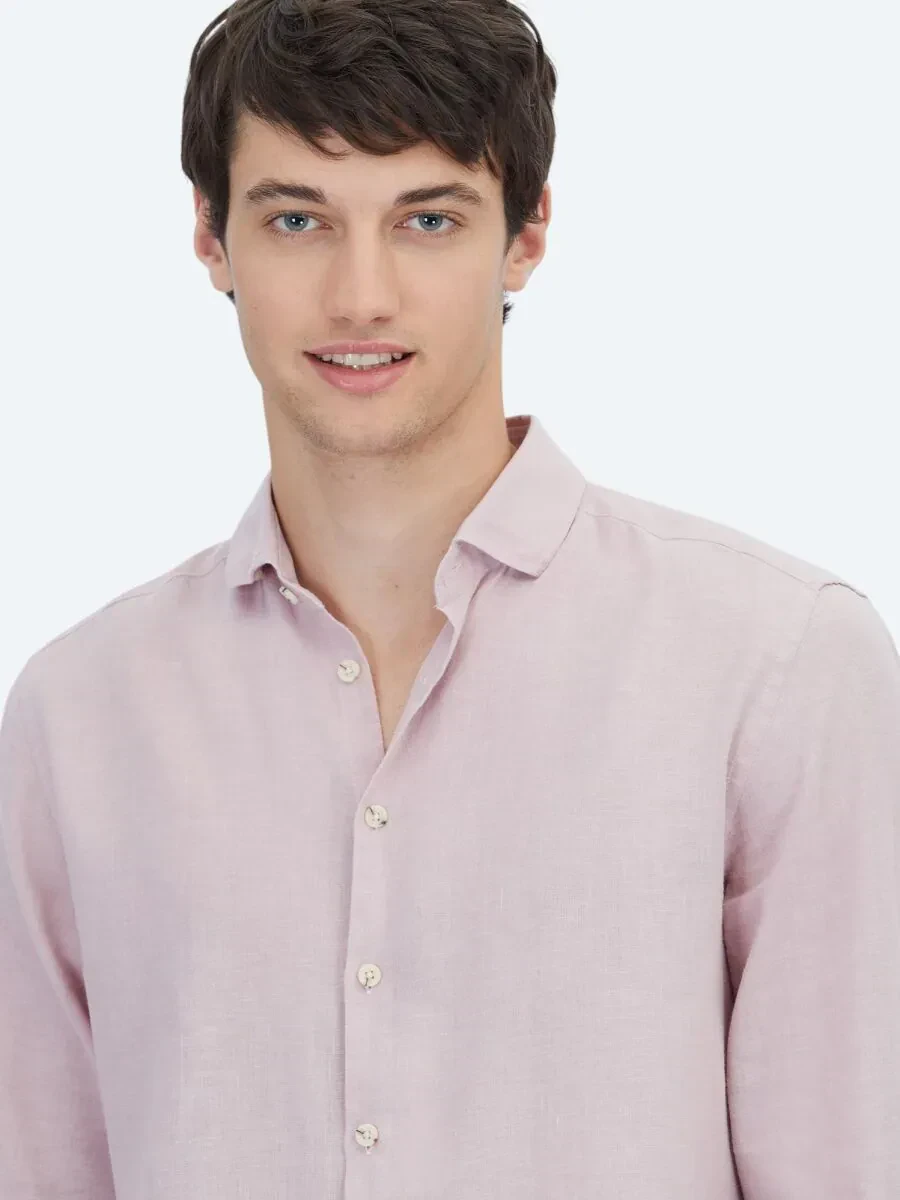 Pembe Düz Regular Fit Dokuma Casual Pamuk Karışımlı Gömlek - 3
