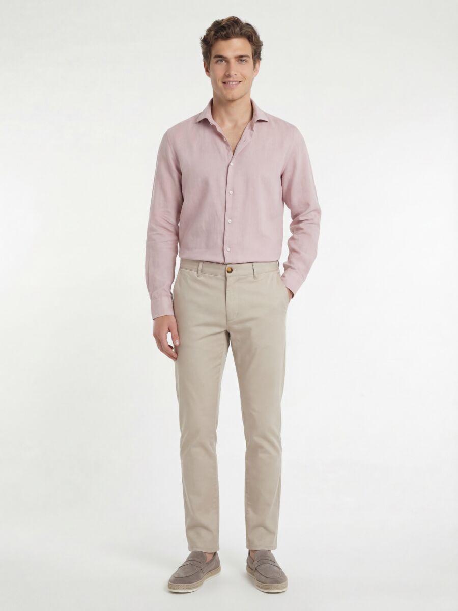 Pembe Düz Regular Fit Uzun Dokuma Casual Pamuk Karışımlı Gömlek - 4