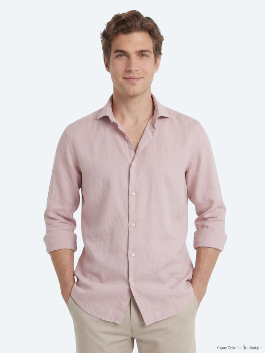 Pembe Düz Regular Fit Uzun Dokuma Casual Pamuk Karışımlı Gömlek - 1