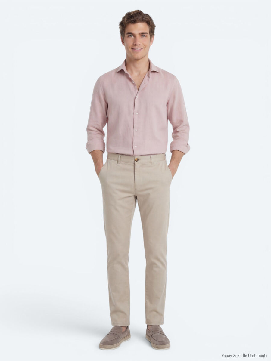 Pembe Düz Regular Fit Uzun Dokuma Casual Pamuk Karışımlı Gömlek - 2