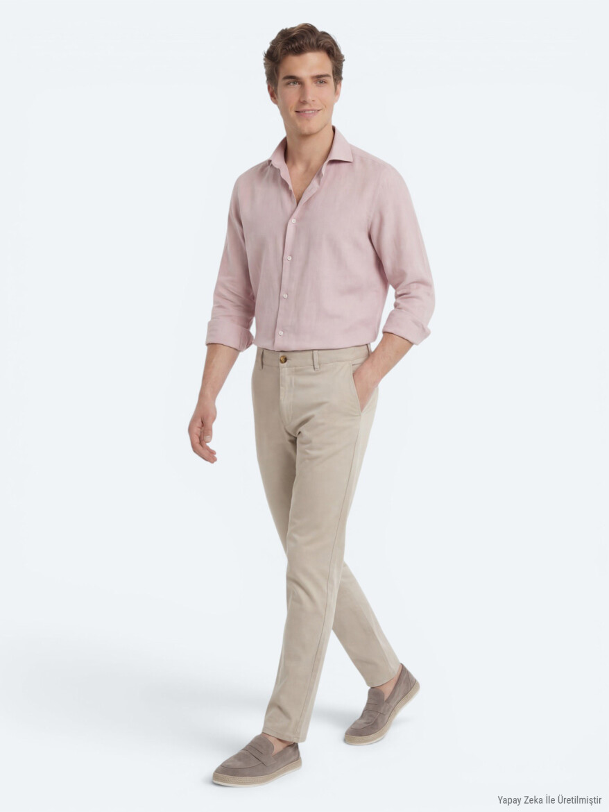 Pembe Düz Regular Fit Uzun Dokuma Casual Pamuk Karışımlı Gömlek - 3