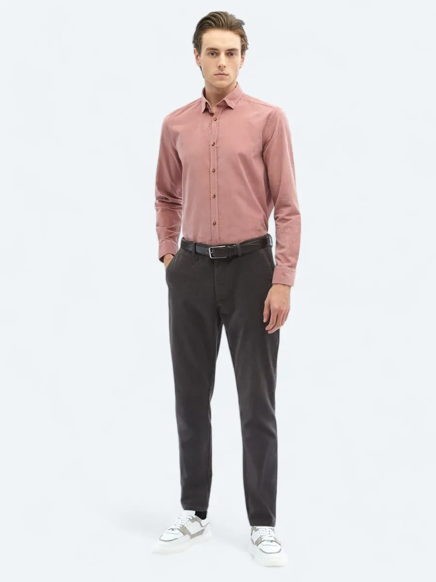 Pembe Fitilli Regular Fit Dokuma Kadife Casual %100 Pamuk Gömlek - 2