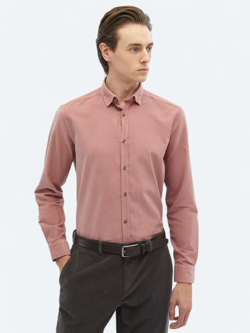 Pembe Fitilli Regular Fit Dokuma Kadife Casual %100 Pamuk Gömlek - 3