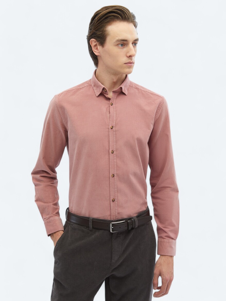 Pembe Fitilli Regular Fit Dokuma Kadife Casual %100 Pamuk Gömlek - 3