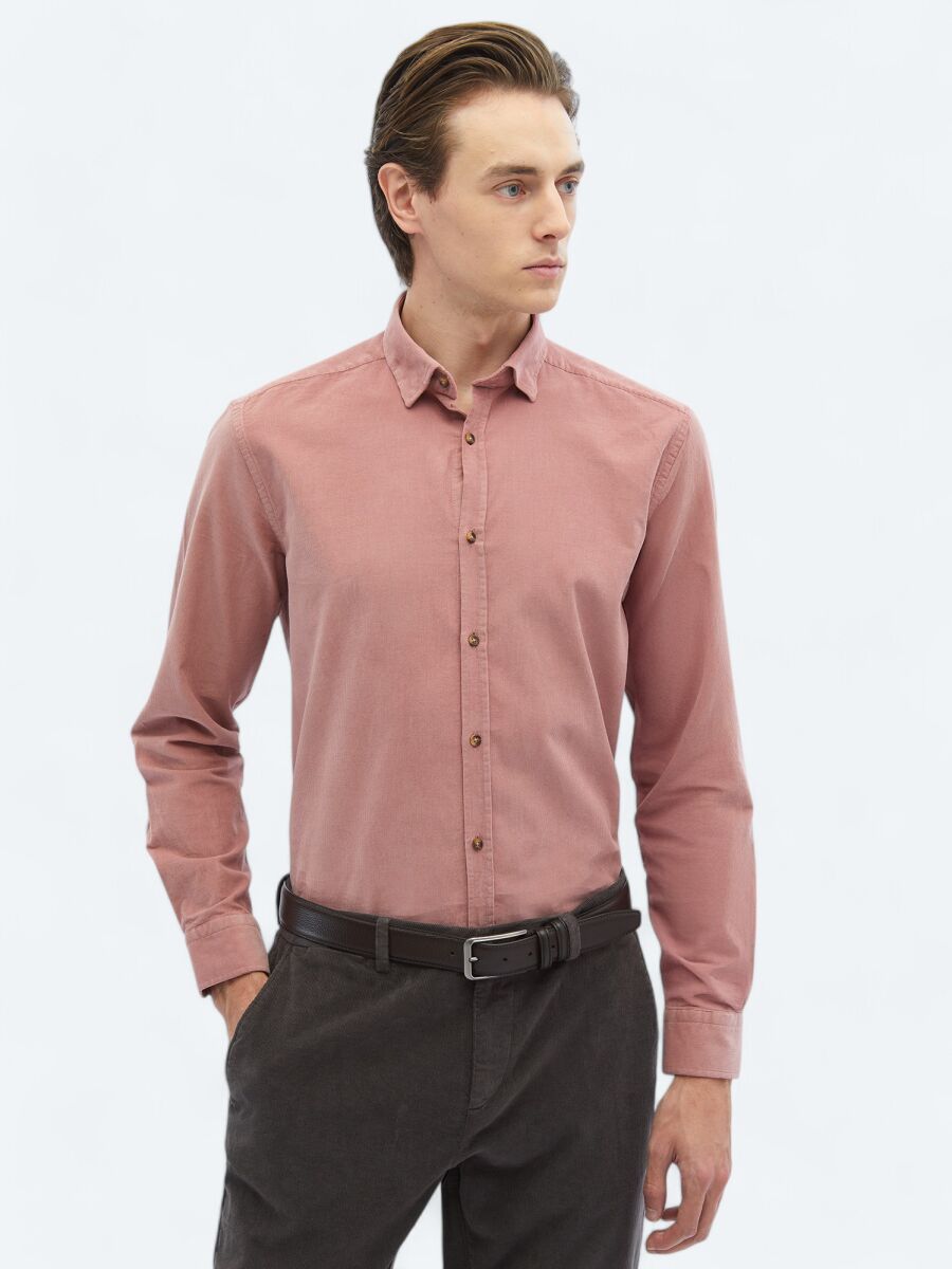 Pembe Fitilli Regular Fit Dokuma Kadife Casual %100 Pamuk Gömlek - 3