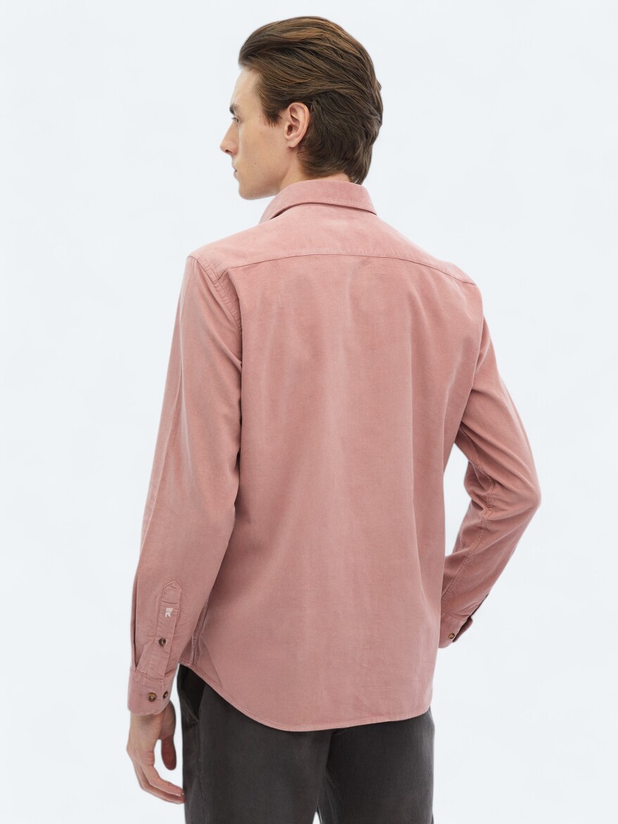Pembe Fitilli Regular Fit Dokuma Kadife Casual %100 Pamuk Gömlek - 5