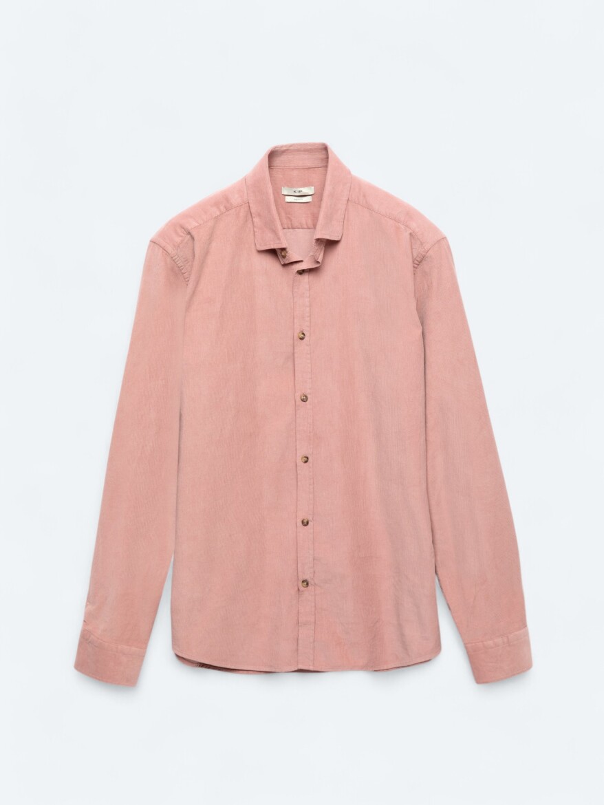 Pembe Fitilli Regular Fit Dokuma Kadife Casual %100 Pamuk Gömlek - 6