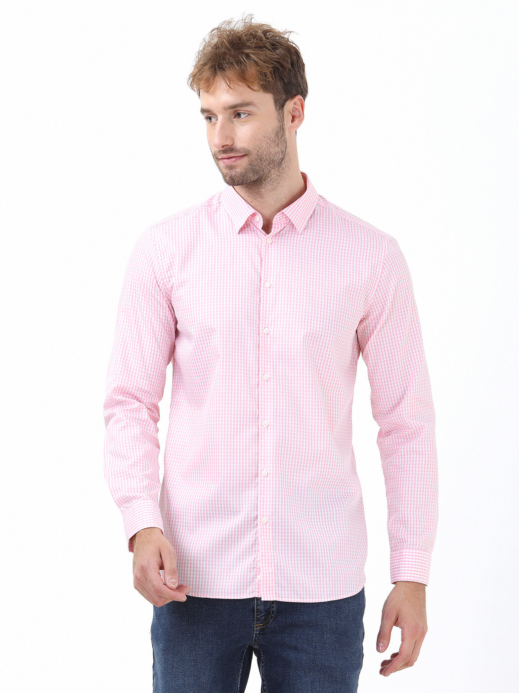 Pembe Kareli Regular Fit Dokuma Casual %100 Pamuk Gömlek - 1