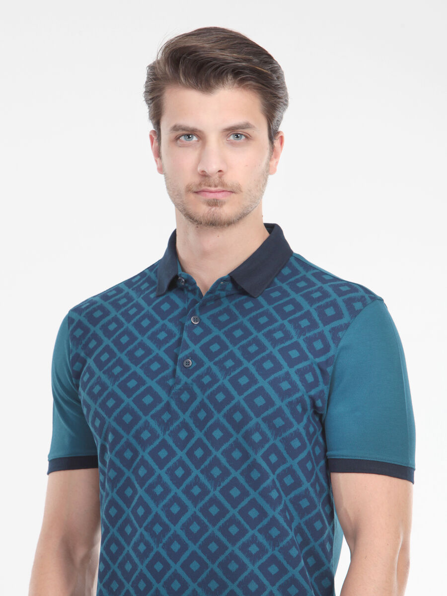 Petrol Baskılı Polo Yaka %100 Pamuk T-Shirt - 3