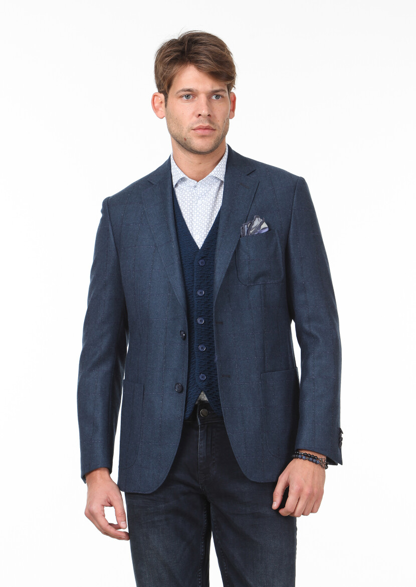Petrol Blue Checkered Modern Fit 100% Wool Jacket - 1