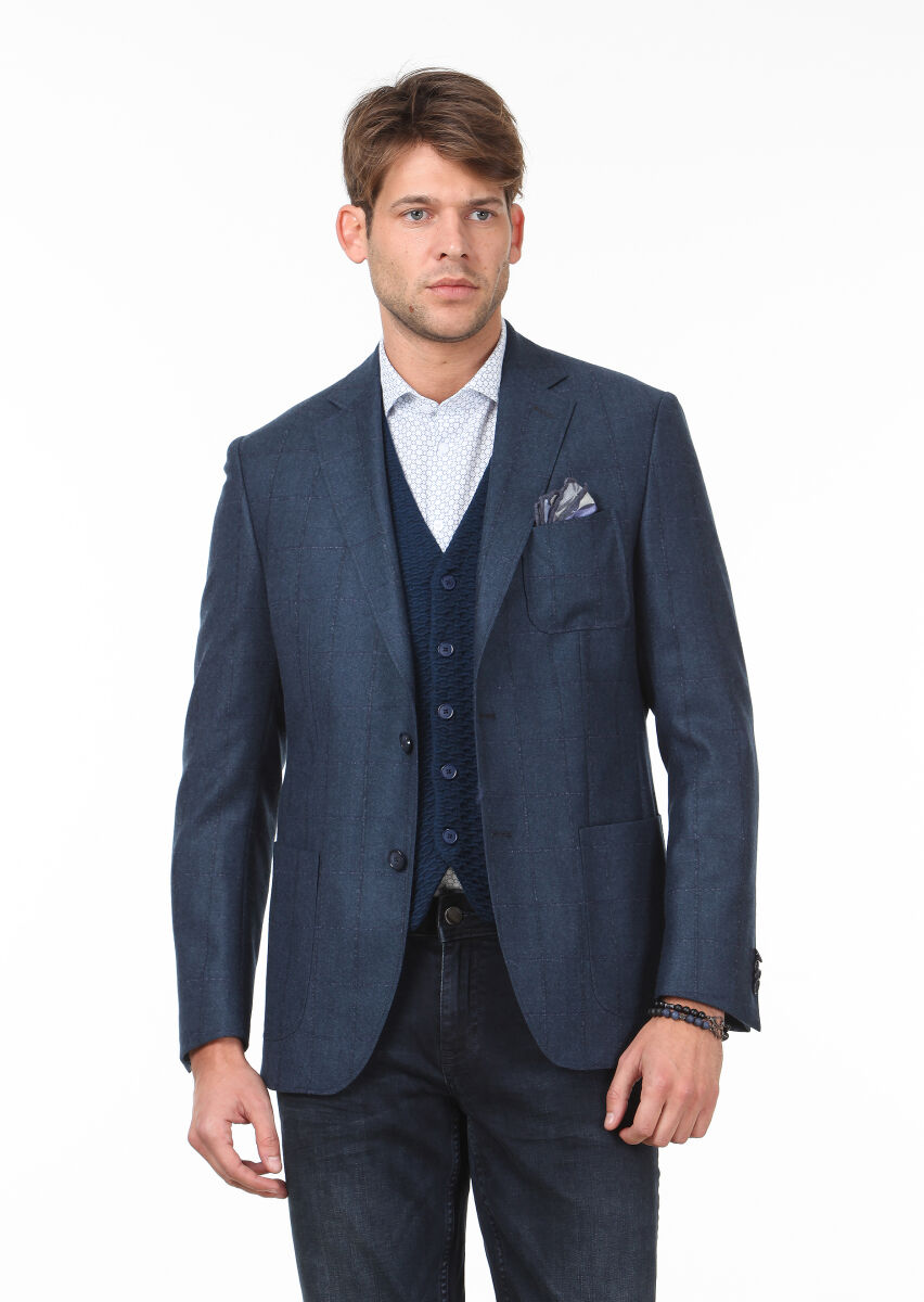 Petrol Blue Checkered Modern Fit 100% Wool Jacket - 1
