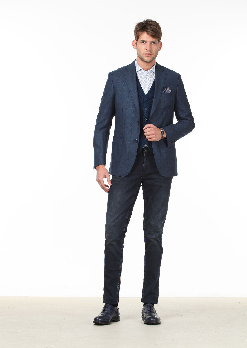 Petrol Blue Checkered Modern Fit 100% Wool Jacket - 2