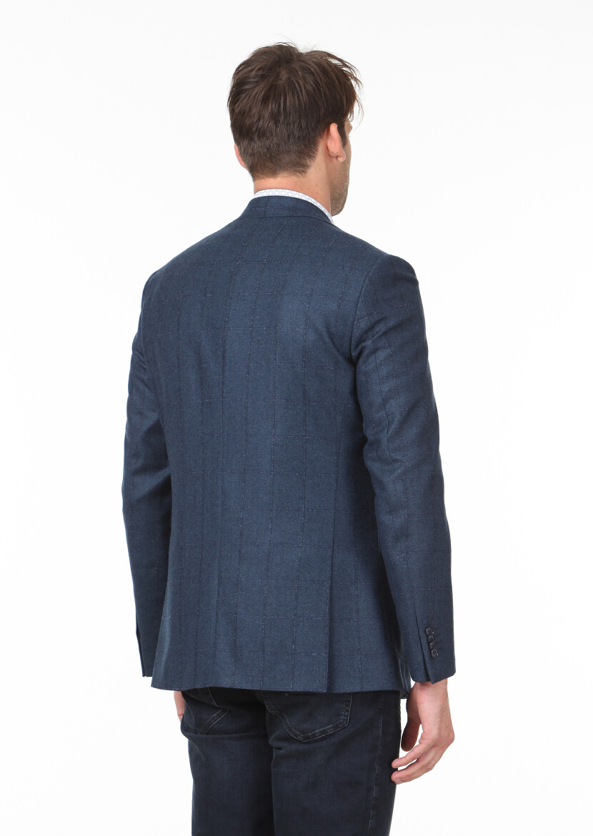 Petrol Blue Checkered Modern Fit 100% Wool Jacket - 3