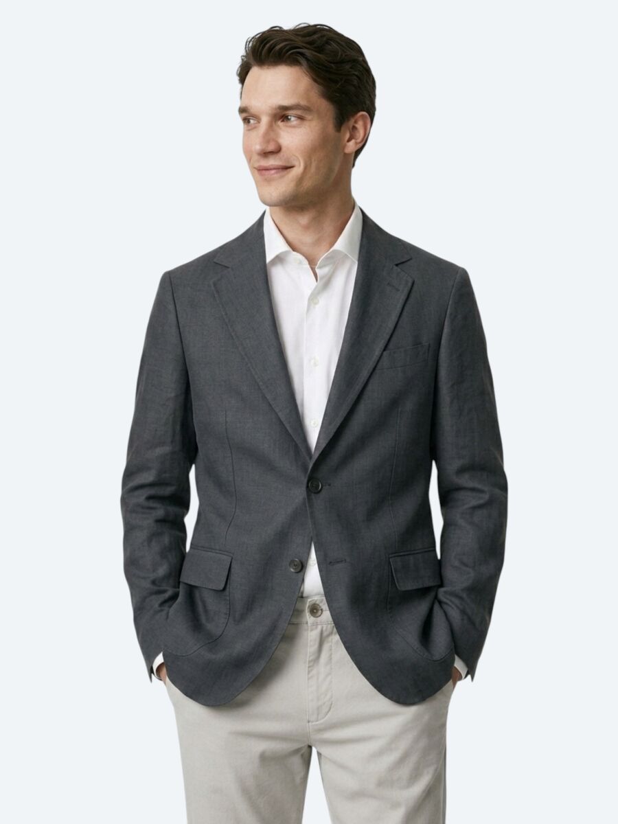 Petrol Blue Plain Modern Fit Linen Blended Jacket - 1