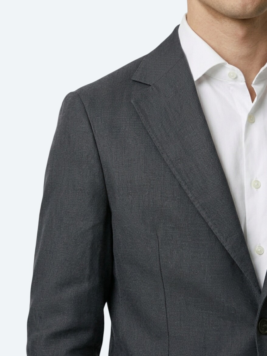 Petrol Blue Plain Modern Fit Linen Blended Jacket - 3