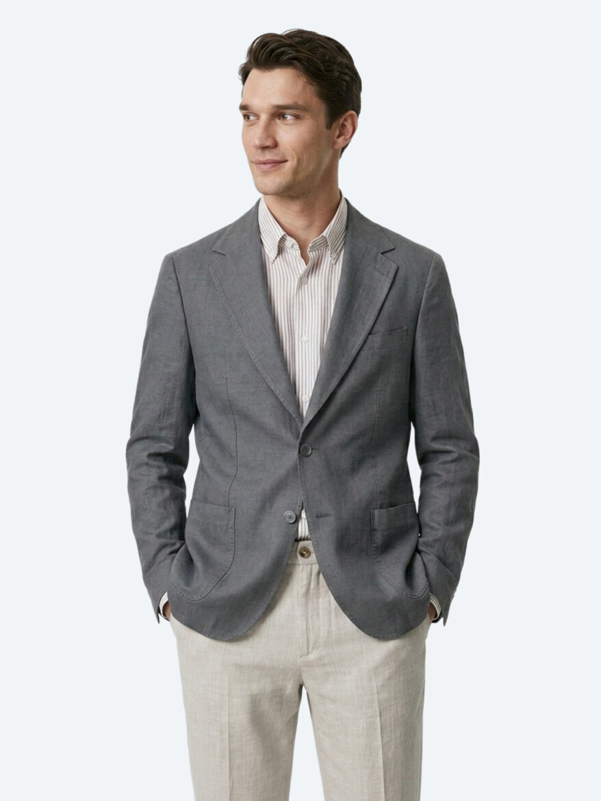 Petrol Blue Plain Modern Fit Linen Blended Jacket - 3