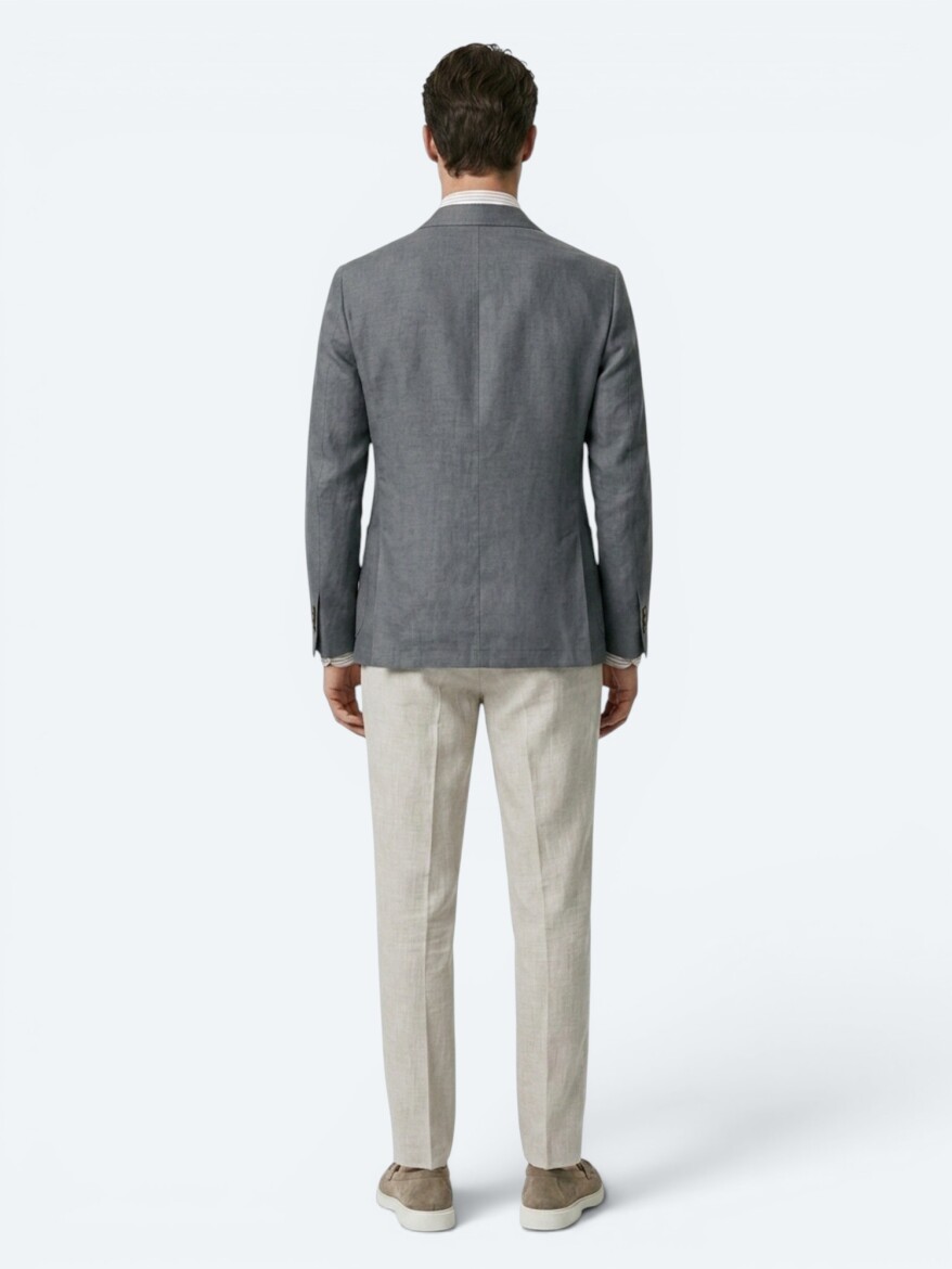 Petrol Blue Plain Modern Fit Linen Blended Jacket - 6
