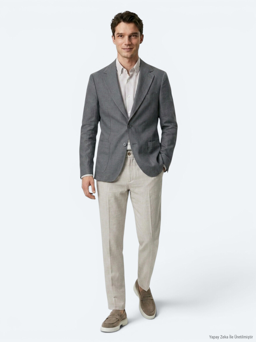 Petrol Blue Plain Modern Fit Linen Blended Jacket - KİP