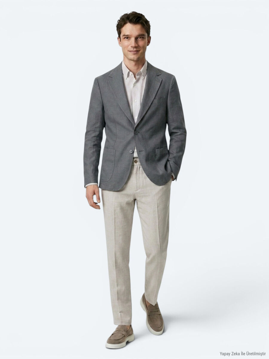 Petrol Blue Plain Modern Fit Linen Blended Jacket - 2