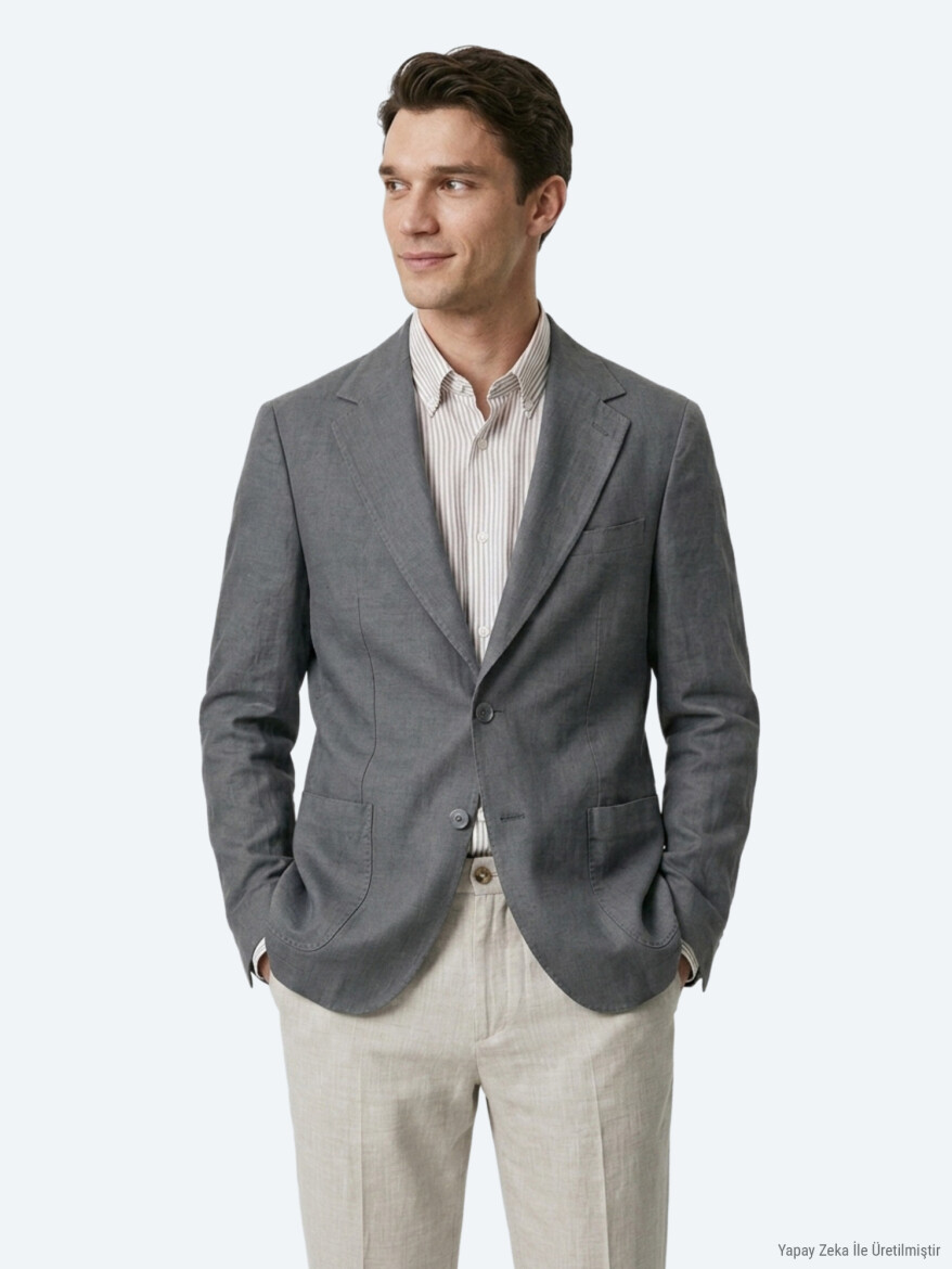 Petrol Blue Plain Modern Fit Linen Blended Jacket - 3