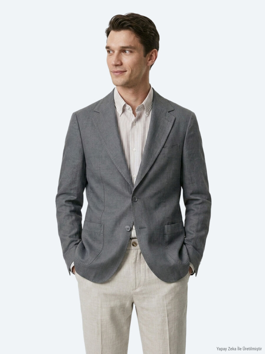 Petrol Blue Plain Modern Fit Linen Blended Jacket - 3