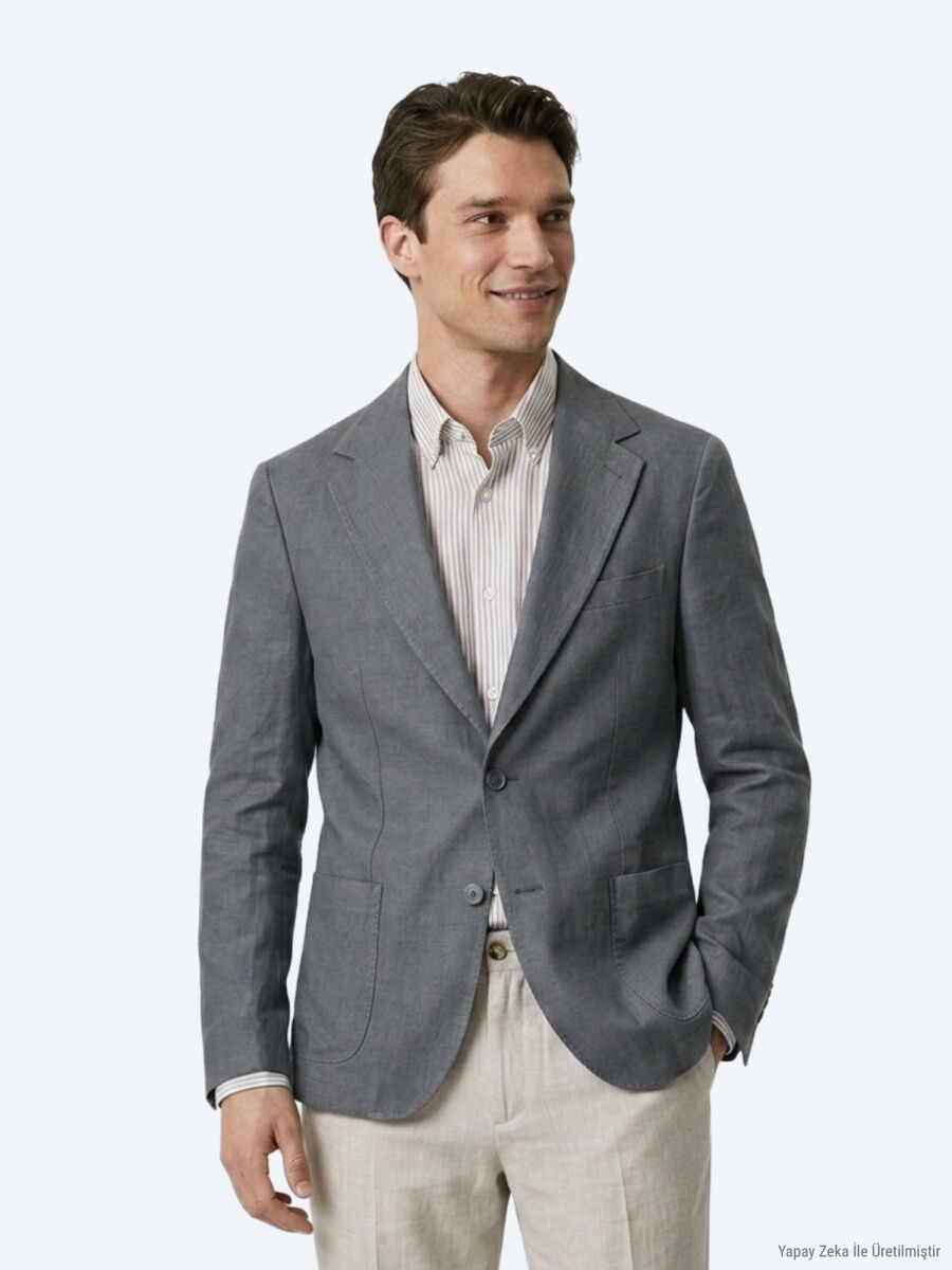 Petrol Blue Plain Modern Fit Linen Blended Jacket - 5
