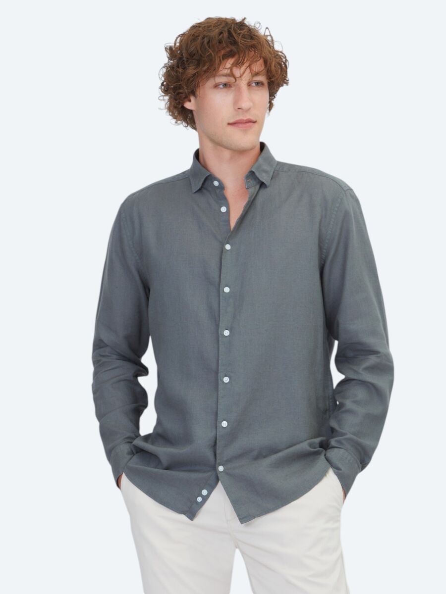 Petrol Blue Plain Regular Fit Long Weaving Casual Cotton Blended Shirt - 1