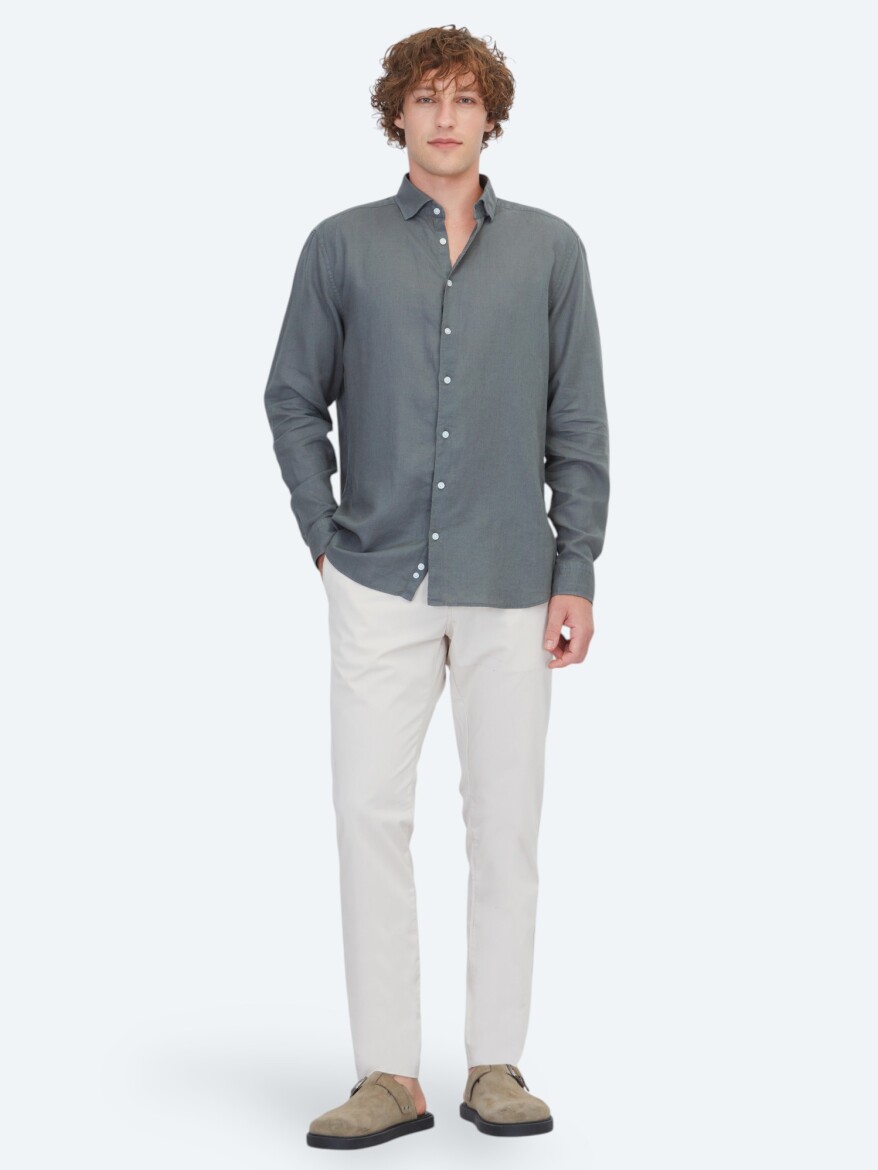 Petrol Blue Plain Regular Fit Long Weaving Casual Cotton Blended Shirt - 2