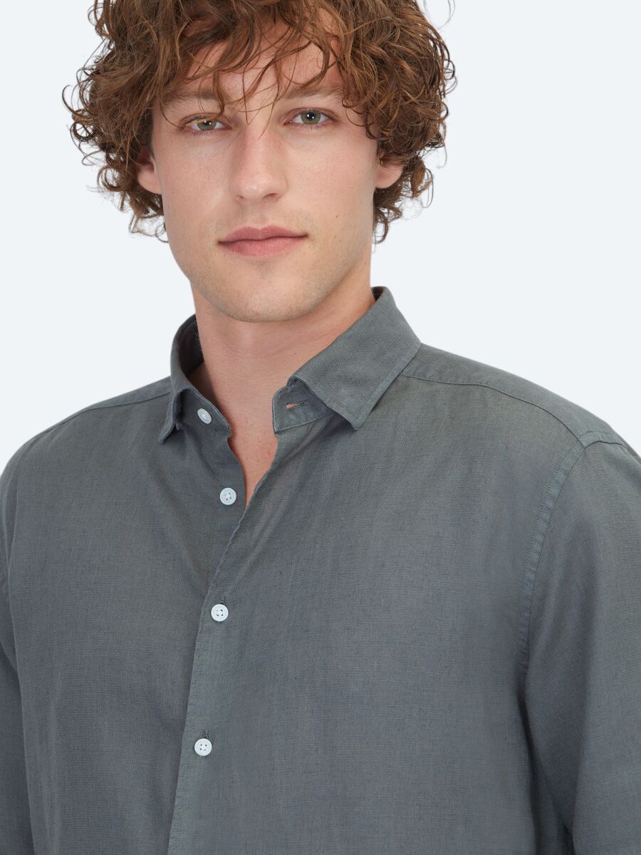 Petrol Blue Plain Regular Fit Long Weaving Casual Cotton Blended Shirt - 3