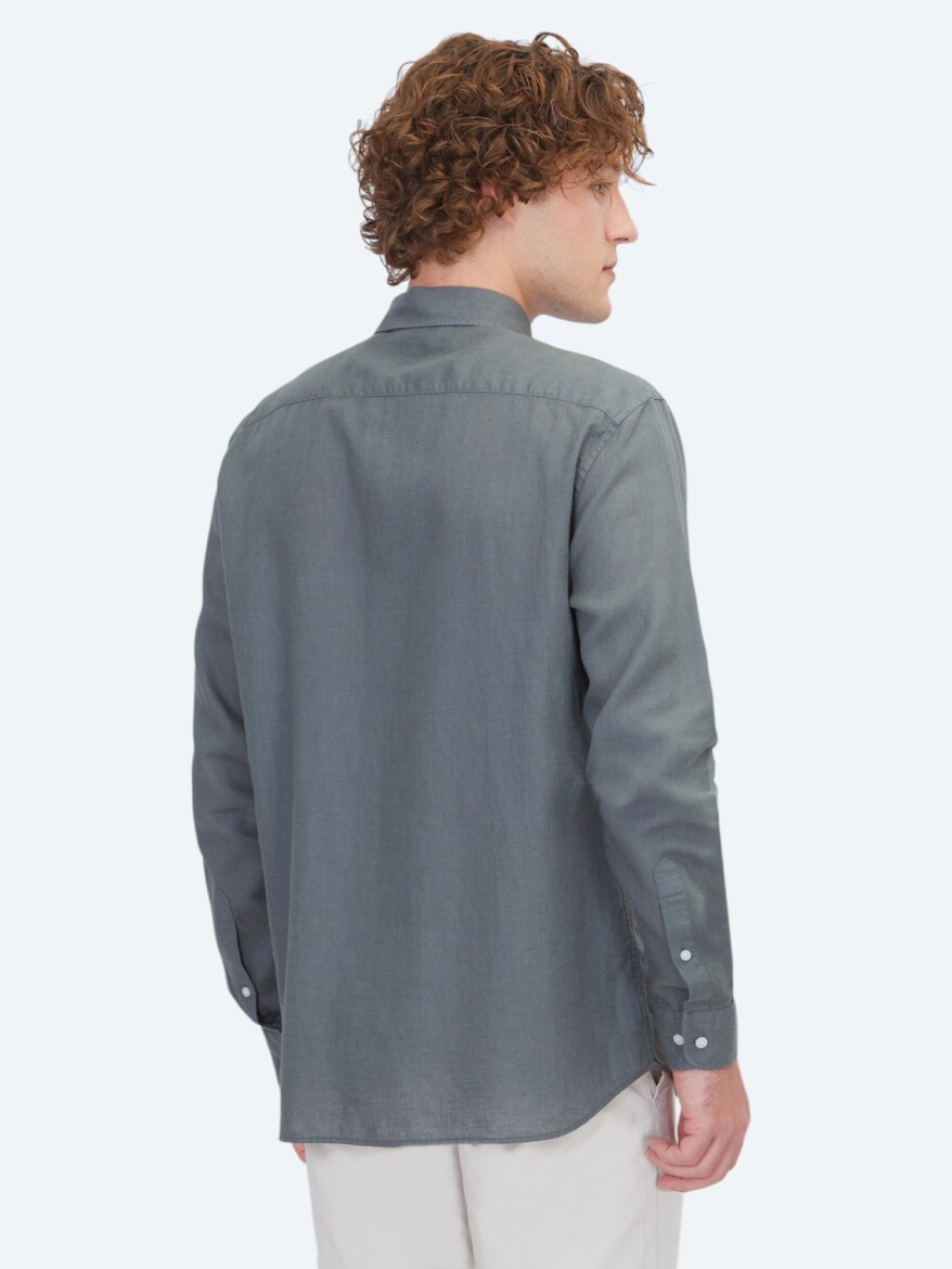 Petrol Blue Plain Regular Fit Long Weaving Casual Cotton Blended Shirt - 5