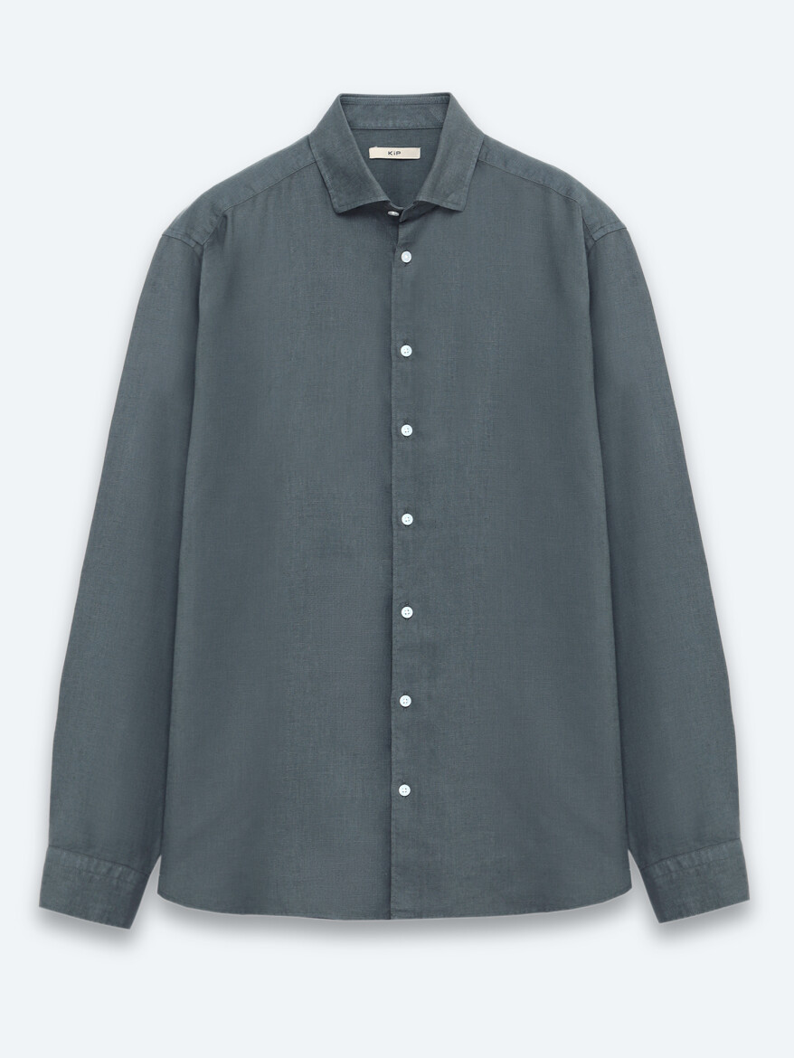 Petrol Blue Plain Regular Fit Long Weaving Casual Cotton Blended Shirt - 6