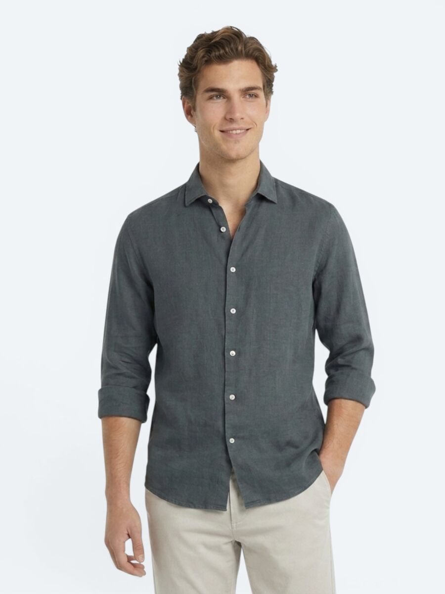 Petrol Blue Plain Regular Fit Long Weaving Casual Cotton Blended Shirt - 1