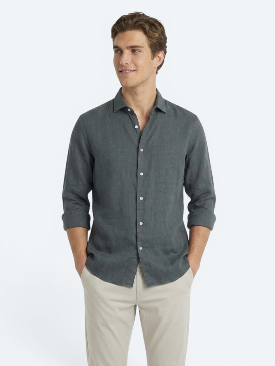Petrol Blue Plain Regular Fit Long Weaving Casual Cotton Blended Shirt - 4