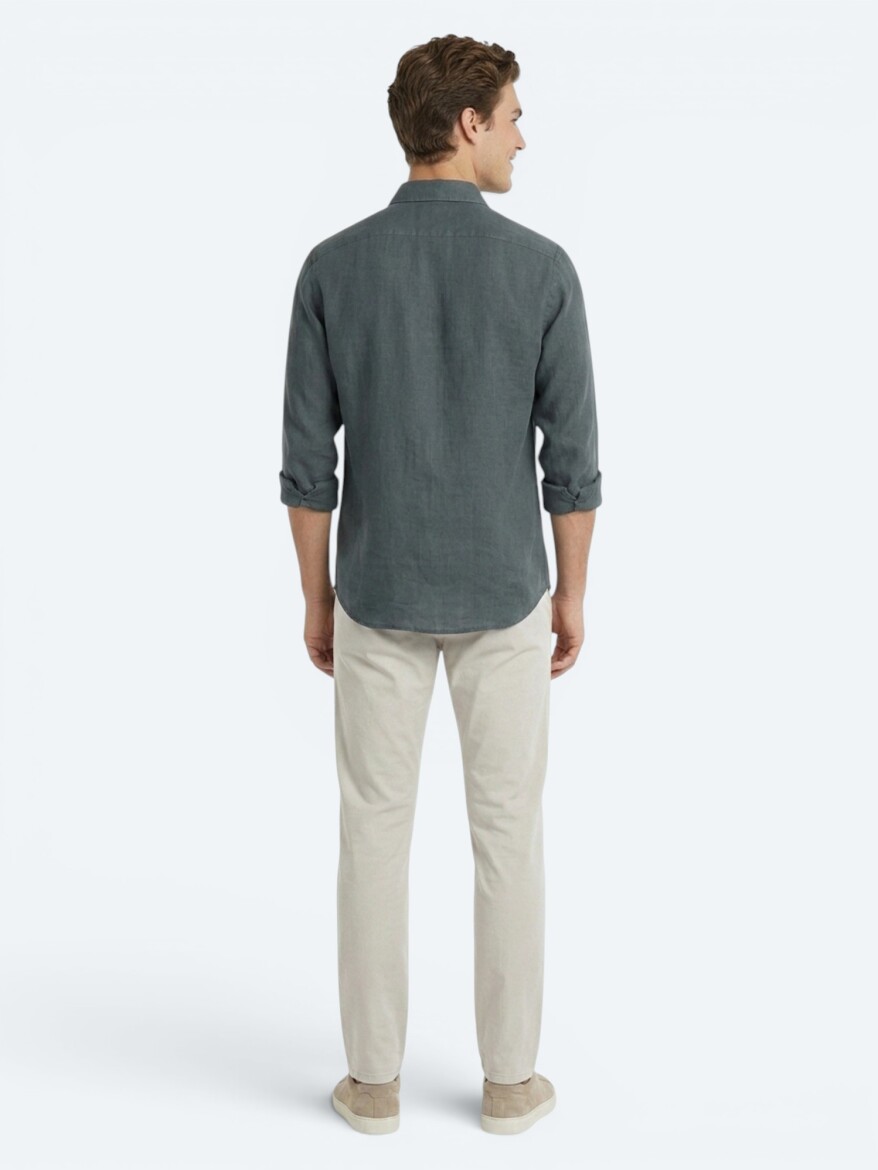 Petrol Blue Plain Regular Fit Long Weaving Casual Cotton Blended Shirt - 5