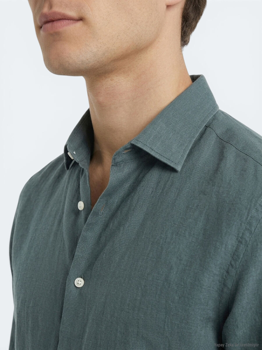 Petrol Blue Plain Regular Fit Long Weaving Casual Cotton Blended Shirt - 3
