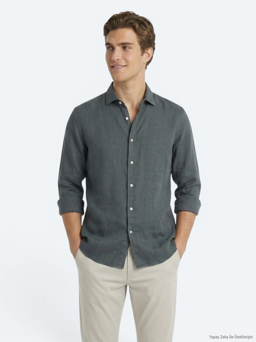Petrol Blue Plain Regular Fit Long Weaving Casual Cotton Blended Shirt - 4