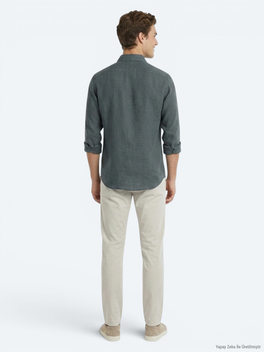 Petrol Blue Plain Regular Fit Long Weaving Casual Cotton Blended Shirt - 5