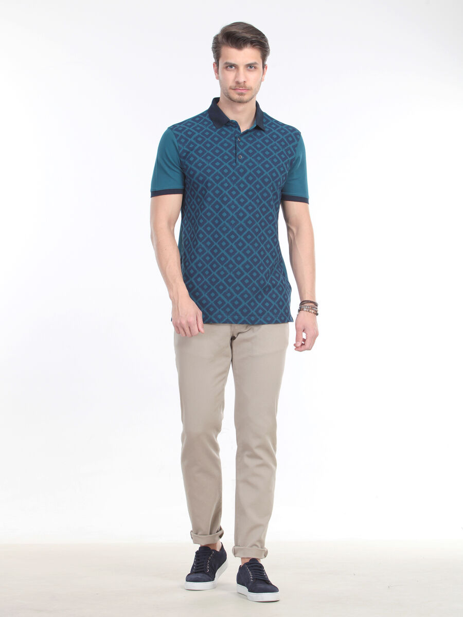 Petrol Blue Printed Polo Neck 100% Cotton T-Shirt - 1