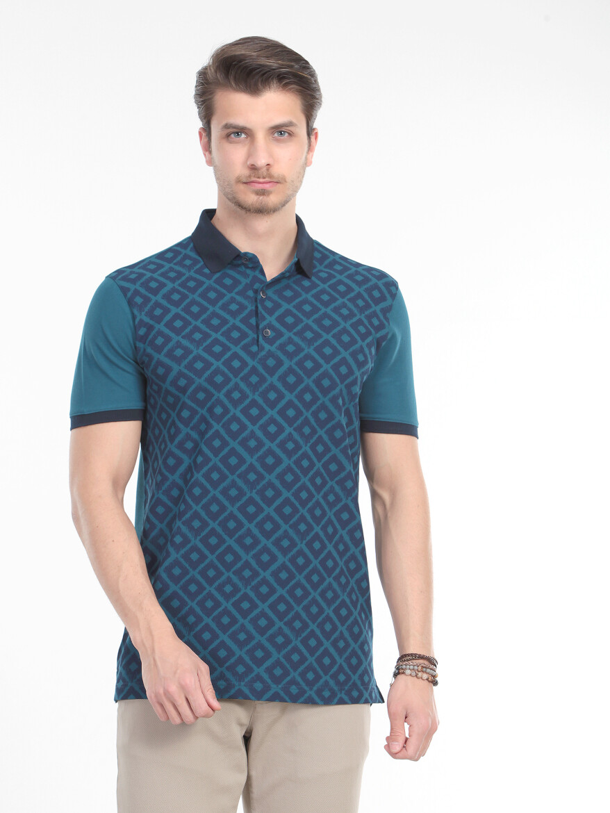 Petrol Blue Printed Polo Neck 100% Cotton T-Shirt - 2