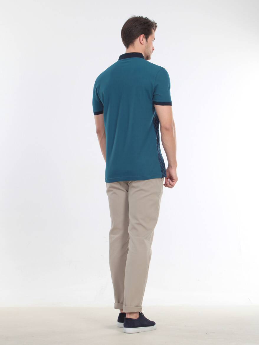 Petrol Blue Printed Polo Neck 100% Cotton T-Shirt - 4