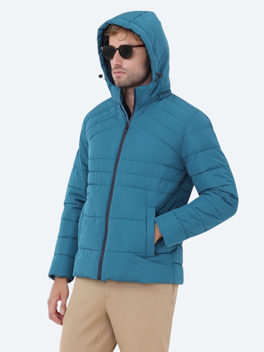 Petrol Blue Regular Fit Hooded Casual Weaving Coat - 1