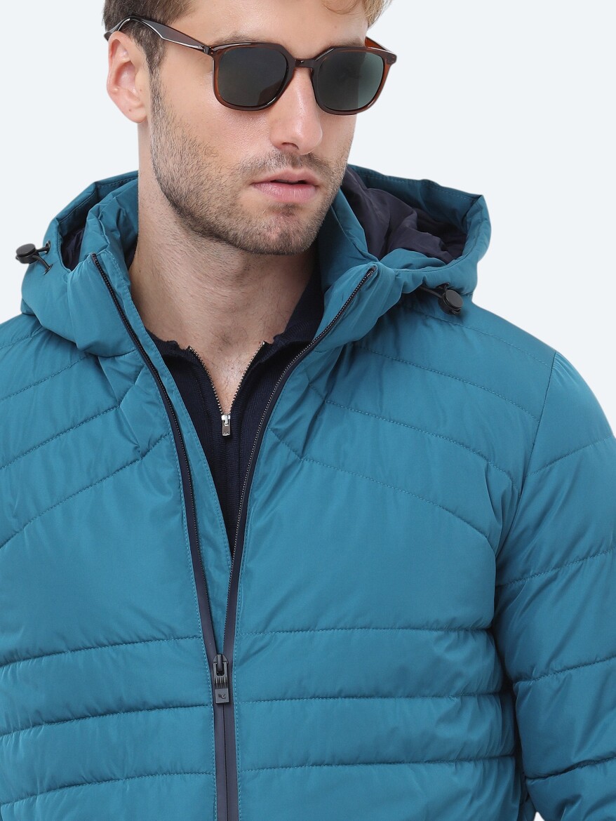 Petrol Blue Regular Fit Hooded Casual Weaving Coat - 3