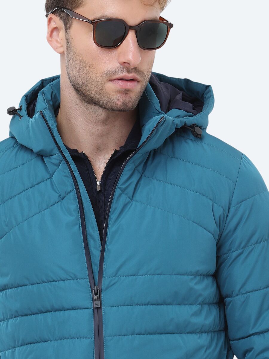 Petrol Blue Regular Fit Hooded Casual Weaving Coat - 3