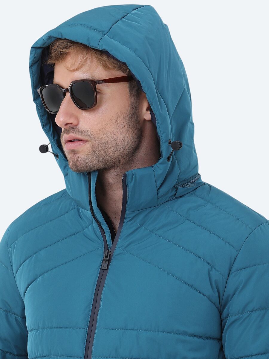 Petrol Blue Regular Fit Hooded Casual Weaving Coat - 5