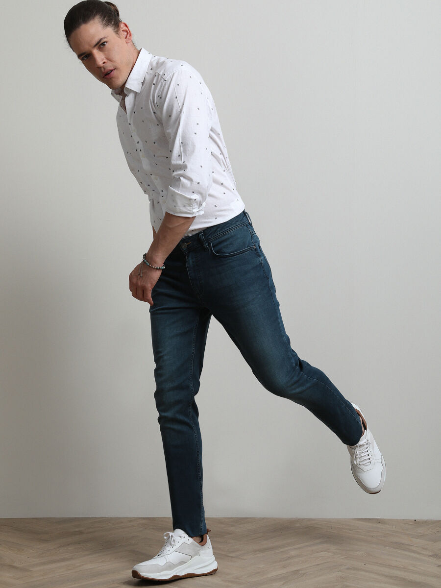 Petrol Blue Slim Fit Denim Cotton Blended Trousers - 2