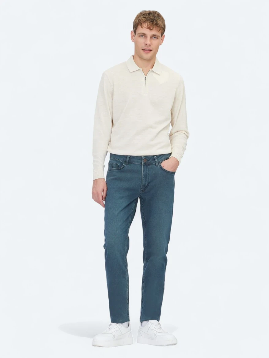 Petrol Blue Slim Fit Denim Cotton Blended Trousers - KİP