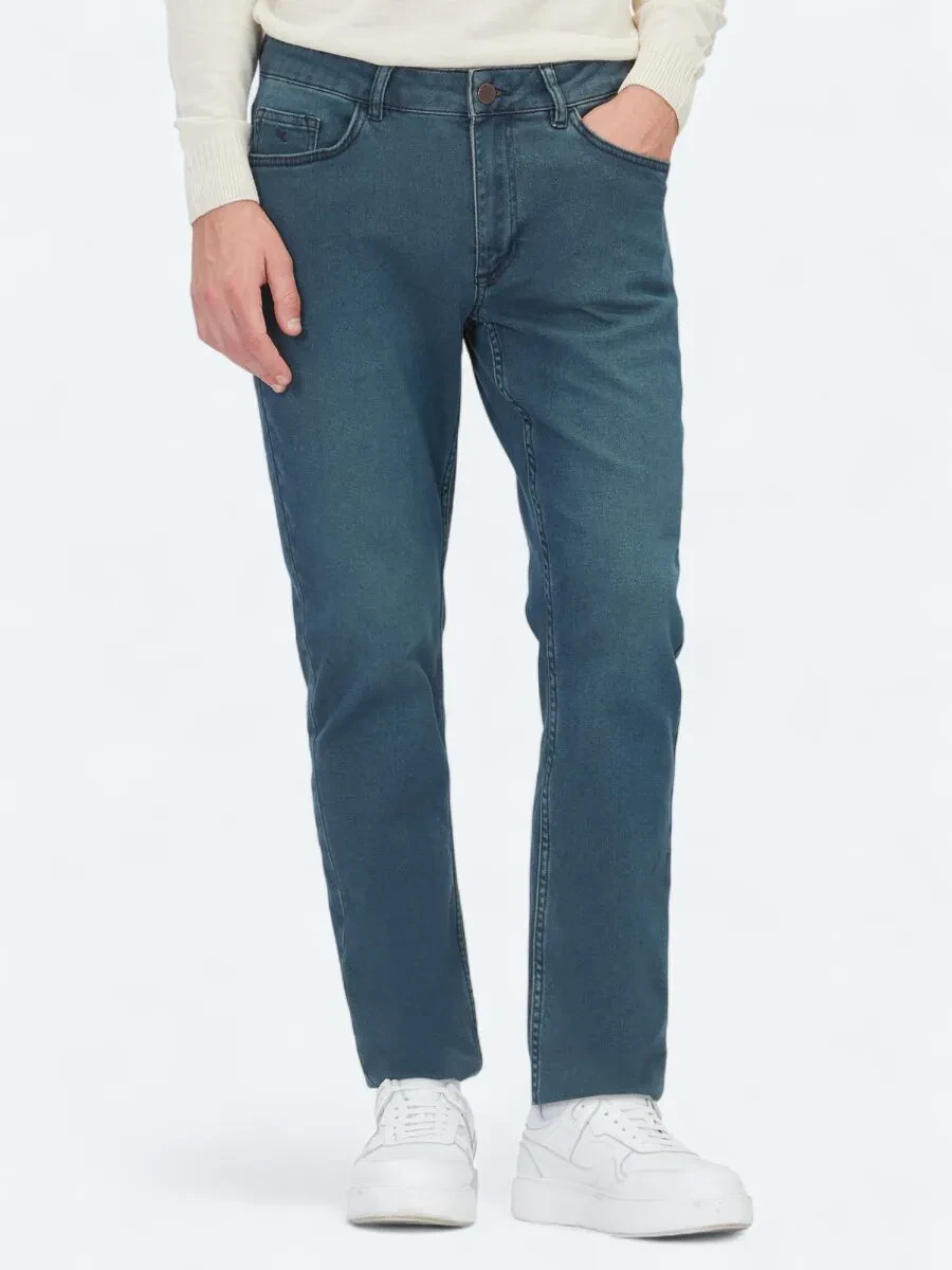 Petrol Blue Slim Fit Denim Cotton Blended Trousers - 2