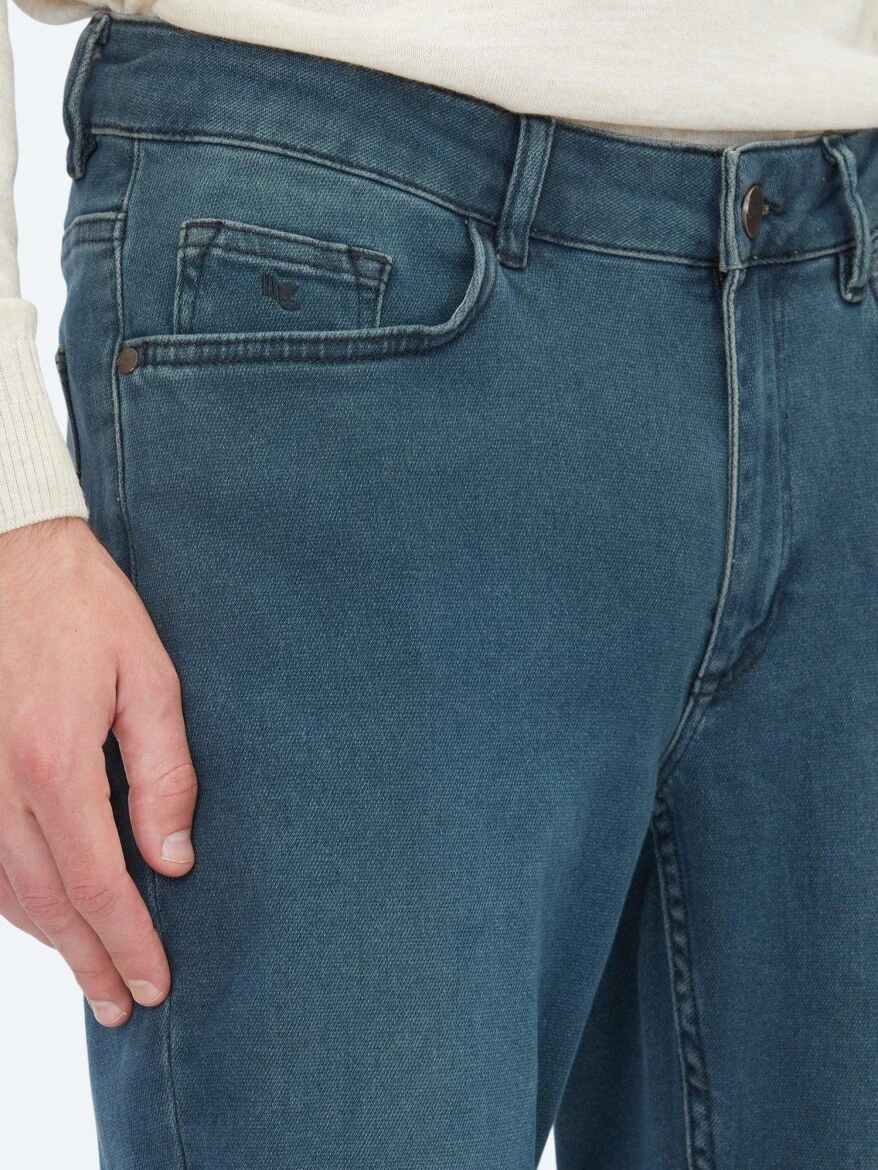 Petrol Blue Slim Fit Denim Cotton Blended Trousers - KİP