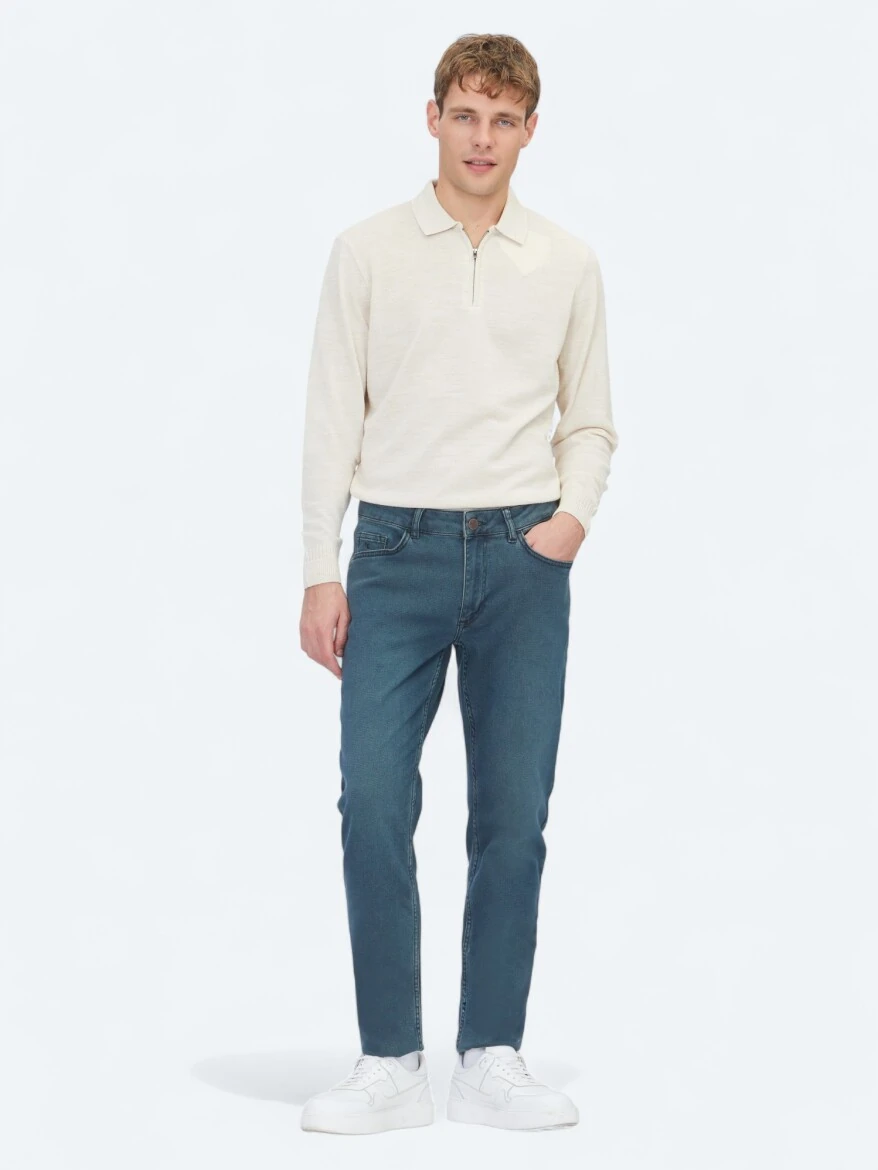 Petrol Blue Slim Fit Denim Cotton Blended Trousers - KİP
