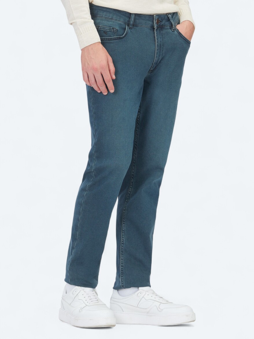 Petrol Blue Slim Fit Denim Cotton Blended Trousers - 3